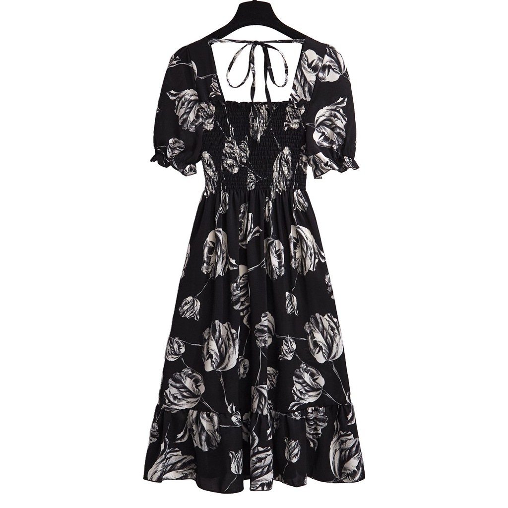 Fashion Gaya Korea Gaun Lengan Pendek Hitam Bunga Wanita Bali Dada Lipit Musim Panas Dress Satu Bahu Fashion Korean Short Sleeve Summer Floral Midi Dress