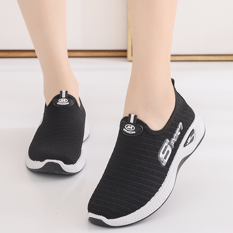 LV0097 Sepatu Slip On Wanita Sepatu Rajut Wanita Import Polos Sepatu Sport Wanita-HITAM