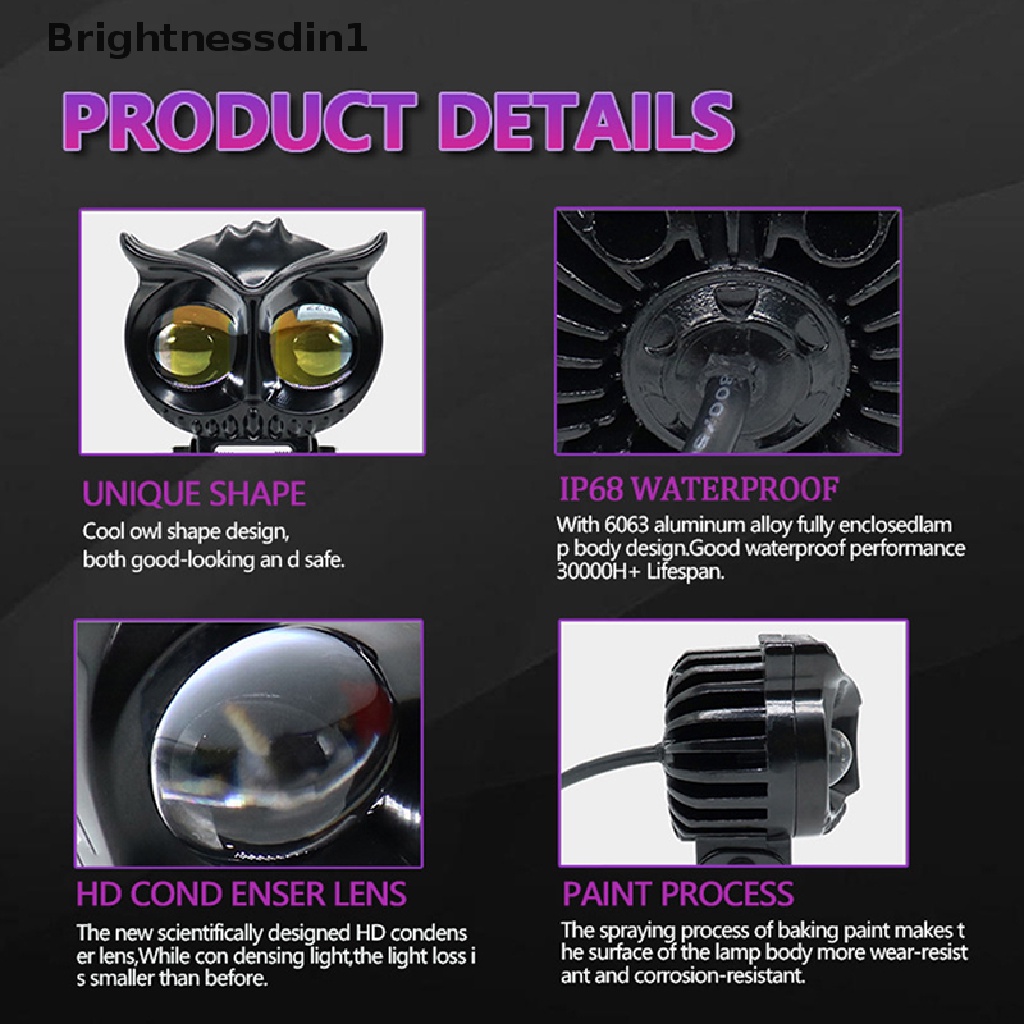 [Brightnessdin1] Lampu Depan Motor Dual Color LED Spot Light Bentuk Burung Hantu Head Light Headlight Putih Kuning Dual Color Work Light Car Styling Untuk Sepeda Jalan Mobil ATV Butik