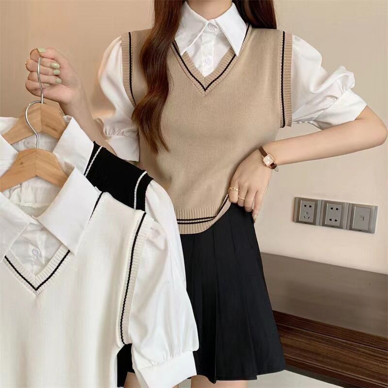GROSIRTAS TG1663 Knit Vest Blouse Ala Korea Import Vest Garis Polos Trend Kekinian