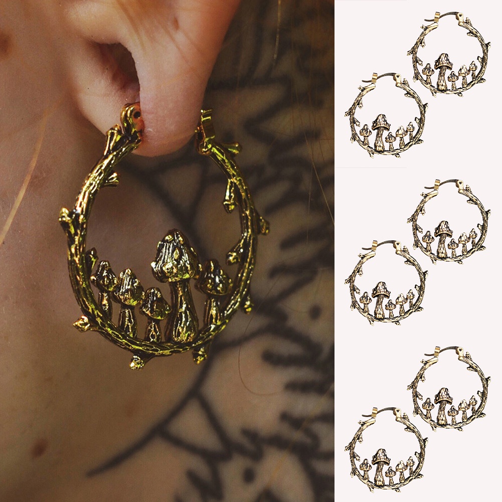 Set Anting Geometri Jamur Retro Ukir Warna Emas Kuno Anting Fashion Wanita Perhiasan Aksesoris