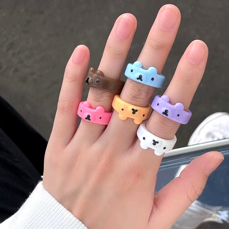 Papaozhu Indah Beruang Warna-Warni Katak Cincin Untuk Wanita Gadis Anak Trendi Kartun Resin Stackable Rings Persahabatan Pasangan Jari Ornamen