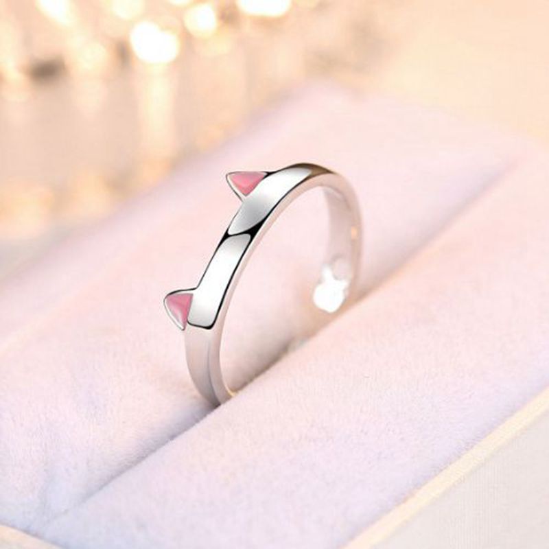 Cincin Pasangan Adjustable Cakar Telinga Kucing Yang Indah/Cincin Jari Hewan Warna Perak Sederhana/Perhiasan Pesta Pernikahan Ulang Tahun Wanita Minimalis