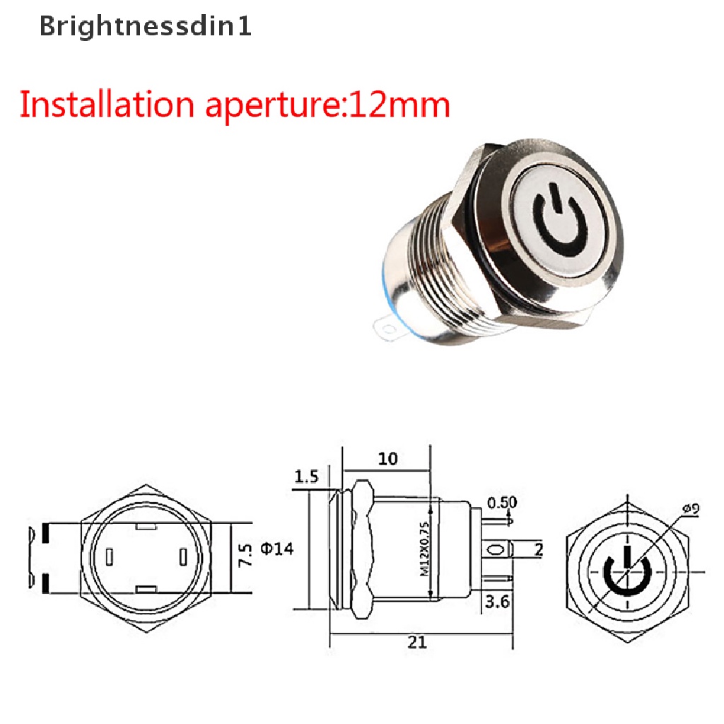 [Brightnessdin1] 12mm 12V Latching Push Button Black Metal LED Power Momentary Switch Tahan Air. Butik