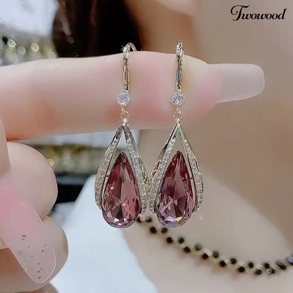 Twowood 1pasang Anting Kait Kelas Tinggi Temperamen Elegan Berlian Imitasi Hadiah Imitasi Ungu Kristal Tetesan Air Menjuntai Anting-Anting Perhiasan Fashion