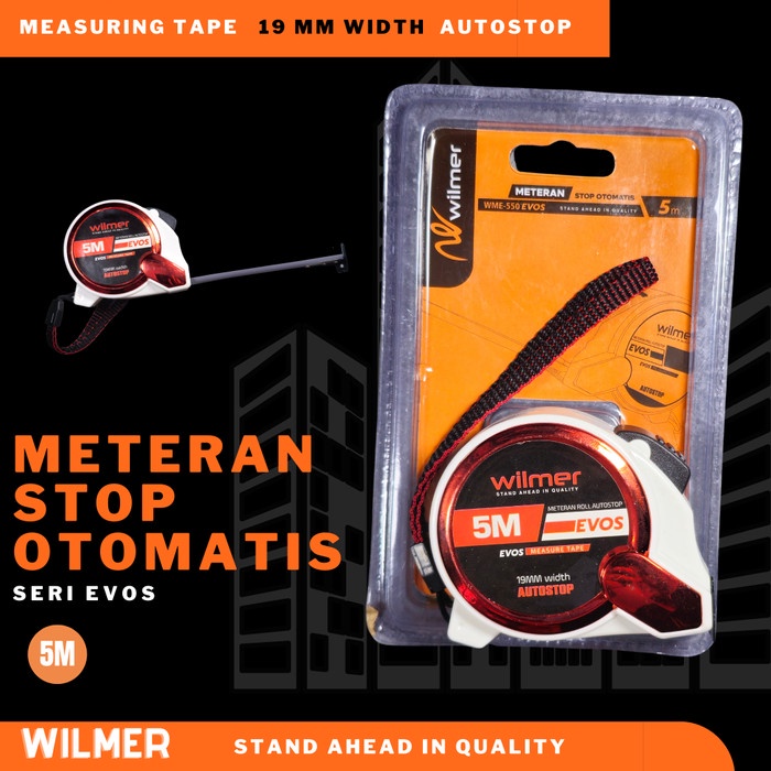 Meteran Karet Auto Stop Wilmer 5 Meter Kemasan Blister Bagus Lock 5m