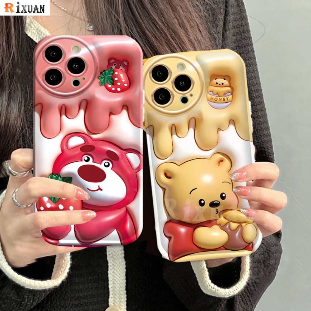 Oppo A17K A57 A77S A17 A16 A16K A5S A12 A7 A3S A12E A15 A15S A54 A92 A52 F1S A1K A53 A33 A31 A5 F9 A59 C1 3D Vision Winnie the Pooh Strawberry Bear Bantal Udara Soft Case RIXUAN