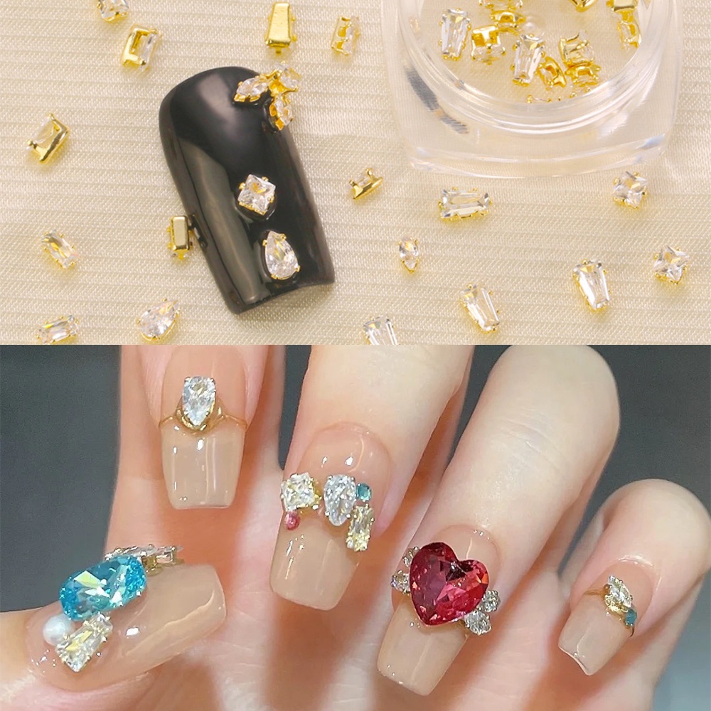 20pcs Bentuk Campur Berlian Imitasi Ornamen Aksesoris Nail Art Glitter Emas Perak Zirkon Cakar Berlian Water Drop Square Segitiga Dekorasi DIY Manicure Dekorasi