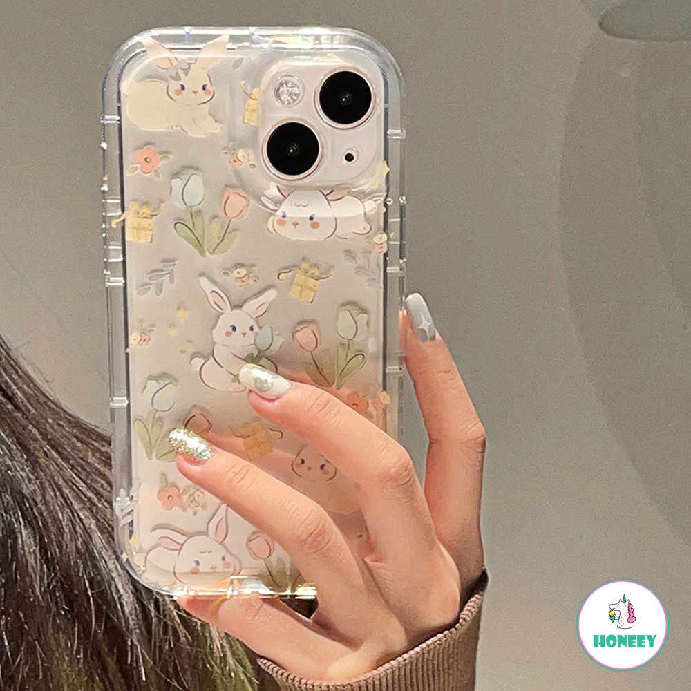 Cute Floral Flowers Rabbit Tebal Casing Ponsel Untuk iPhone 14 Pro 13 12 11 Pro Cover Silikon Lembut Indah Bumper Ponsel Bening Penutup Belakang