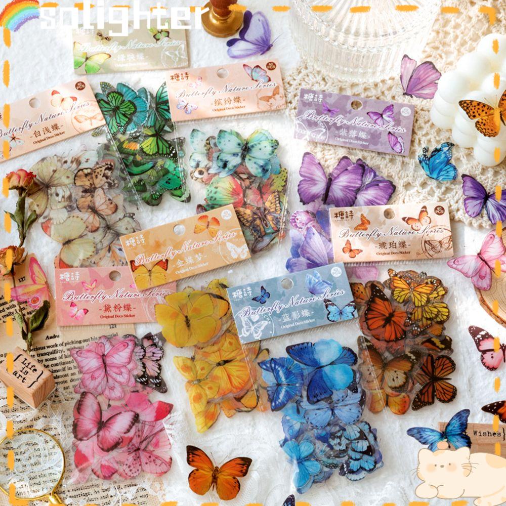 Solighter 40pcs Butterfly Stiker Transparan Kerajinan Vintage Album Foto Jurnal Handbook PET Notes Perekat Diri Scrapbooking