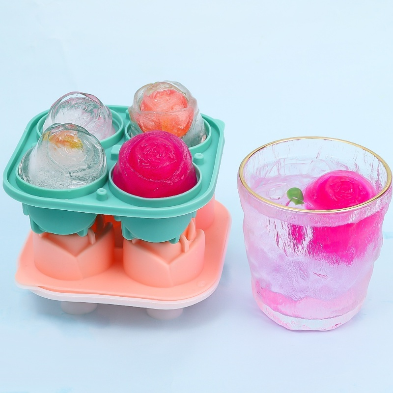 Aksesori Dapur Reusable Food Grade Silicone Mold 4rongga Buah Yoghurt Whisky Ice Mold Alat Pembuat Es Krim Ice Cream Besar Untuk Es Batu Dengan Tutup Bentuk Bunga Mawar Ice Ball Tray