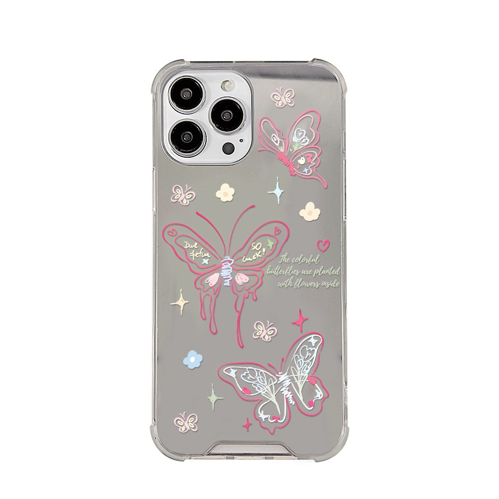 Ins Kupu-Kupu Bermain Dengan Bunga Make Up Cermin Transparan Case Untuk Iphone SE 2020 7 /8 Plus 14x XR XM 11 12 13 PRO MAX Casing Cover Pelindung AT0088