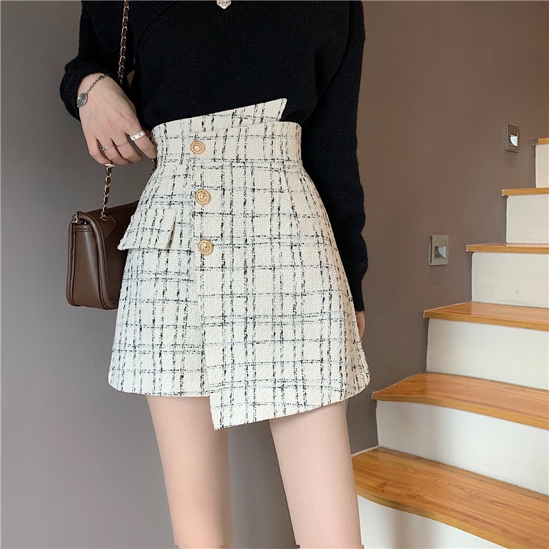 EUNII A-line Rok Pendek kotak-kotak Rok Vintage Highwaist Skirt Korean Style