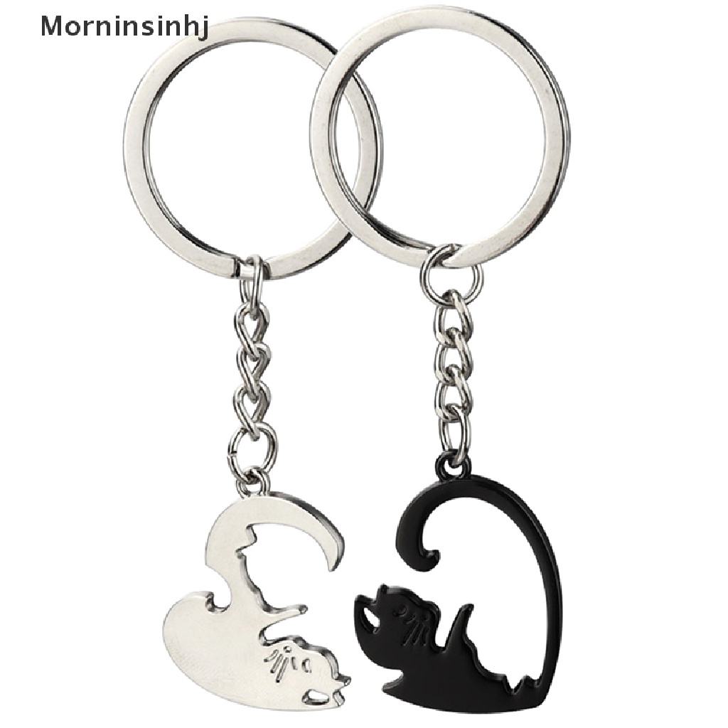 Mornin 2pcs Lucu Kucing Hitam Gantungan Kunci Patchwork Hati Bulat Pasangan Pecinta Keyring Stainless Steel Ransel Kunci Mobil Gantungan Perhiasan id