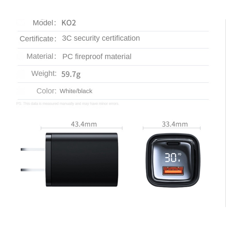 K02 33W 20W PD Power Adapter Dengan Display USB Type C Charger Untuk iPhone 12 13 Pro Kabel Charger USB Tipe C Fast Charger Plug