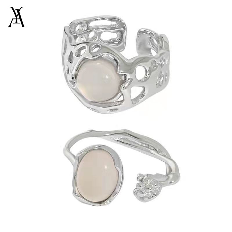 AY(CN) Cincin Model Terbuka Desain Bunga Opal Warna Silver Untuk Wanita