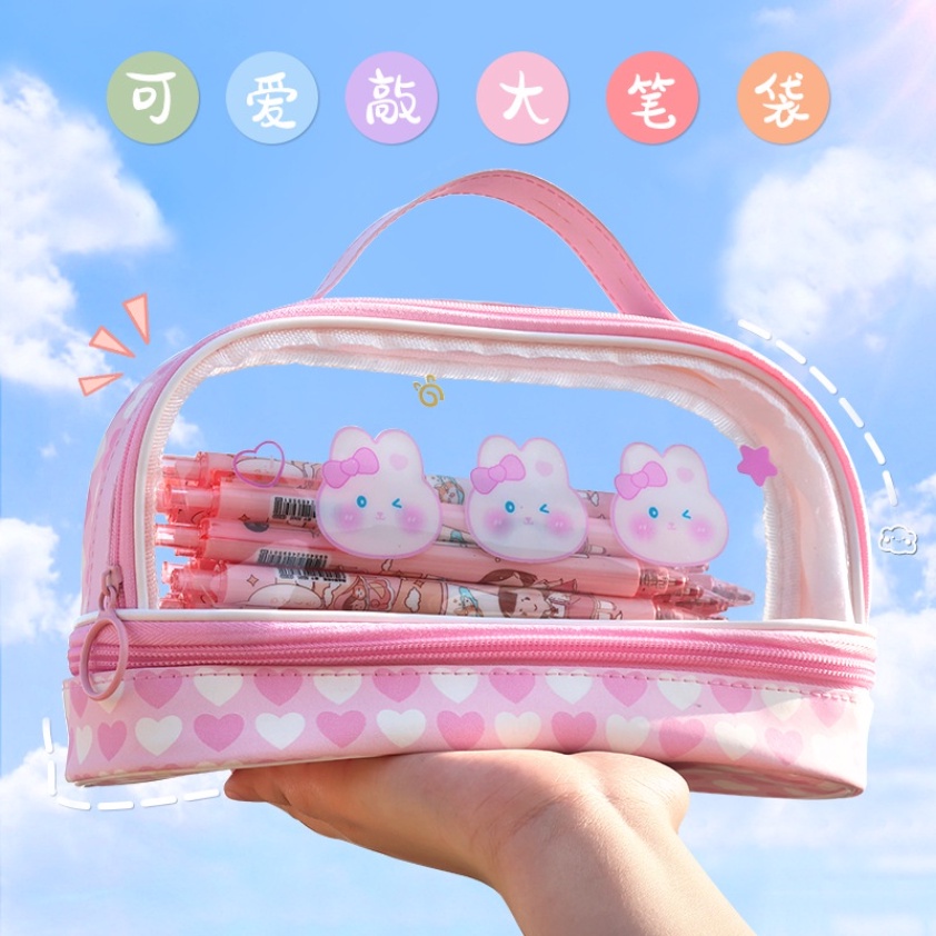 [Kapasitas] Ins PVC Pensil Case 2-Layer Siswa Anak Pulpen Tas Gadis Kawaii Sekolah Pen Case Tas Kosmetik Tas Multifungsi