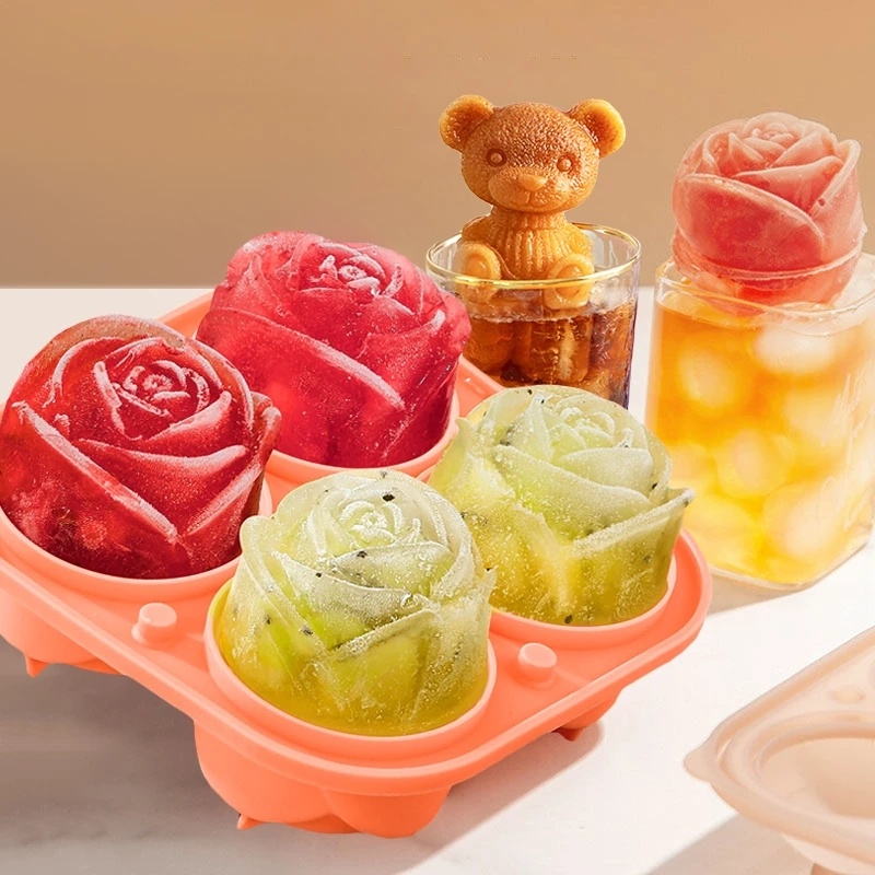 4kisi Cetakan Es Batu Bentuk Mawar 3D Dengan Tutup Bunga Ice Ball Makers Reusable Food Grade Silikon Cetakan Es Krim Whiskey Wine Cocktail Ice Tray Perlengkapan Dapur