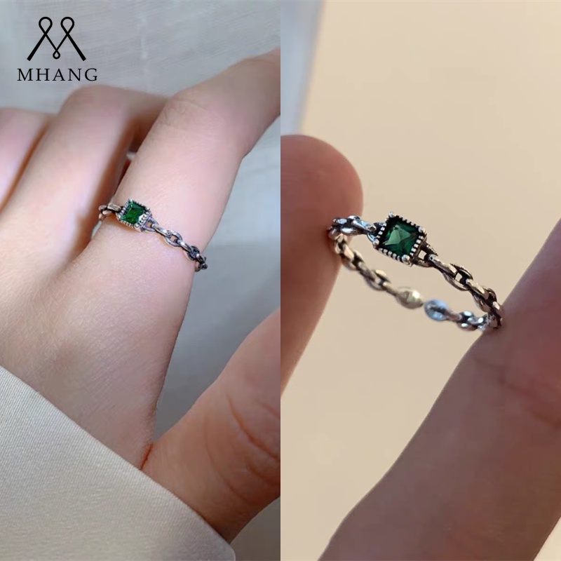 Cincin Berlian Persegi Hijau Retro Yang Dipersonalisasi Korea Sederhana Rantai Perak Terbuka Cincin Logam Murah Untuk Wanita