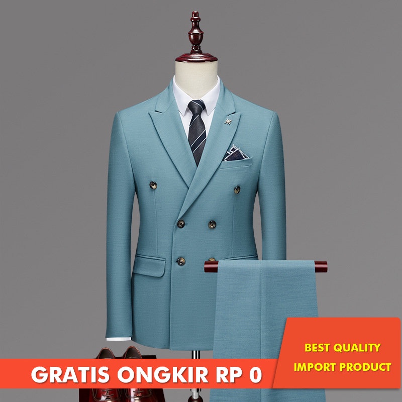 Jas Set Kerja Kasual Pria Bagus Double-Breasted Tiga Potong Setelan Bisnis  Kasual Suit Mempelai  Pe