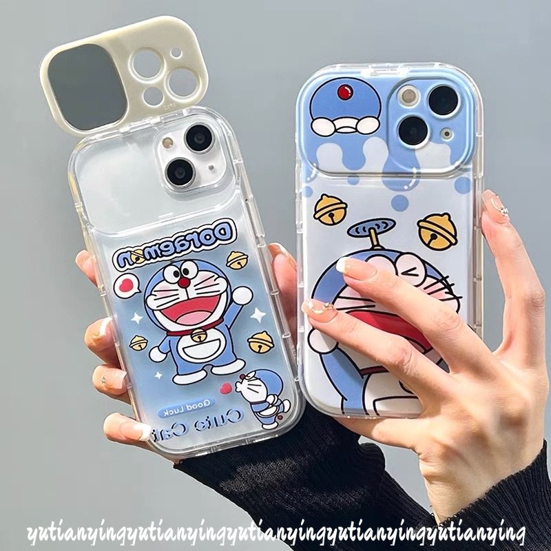 IPHONE Casing Ponsel Cermin Make Up Flip Kreatif Kompatibel Untuk Iphone11 7 8 Plus XR 14 12 13 Pro MAX X XS MAX SE 2020 Kartun Kucing Lucu Doraemon Shockproof Soft TPU Cover