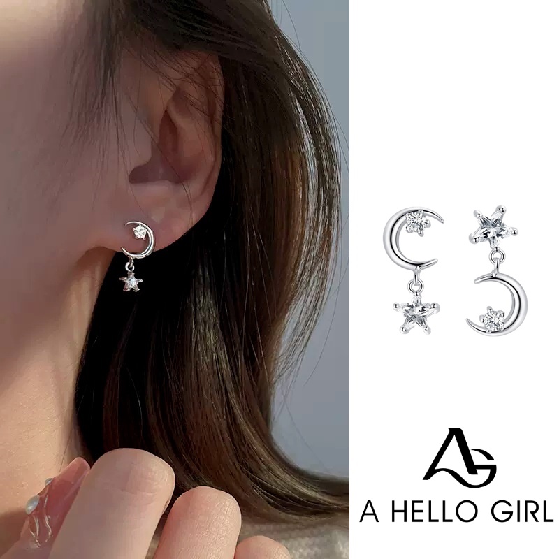 New Asymmetric Star Moon Dangle Earrings Rhinestone Silver Color Metal Ear Studs Lady Drop Earrings Jewelry