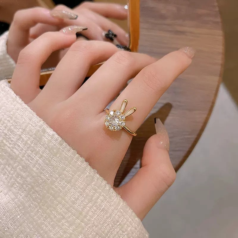 Cincin Pembukaan Geometris Kelinci Berlian Imitasi Fashion Untuk Wanita