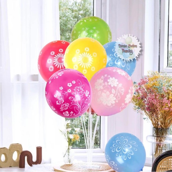 Balon Latex Motif Bunga / Balon Latex Bunga Mix Warna Isi 100pcs