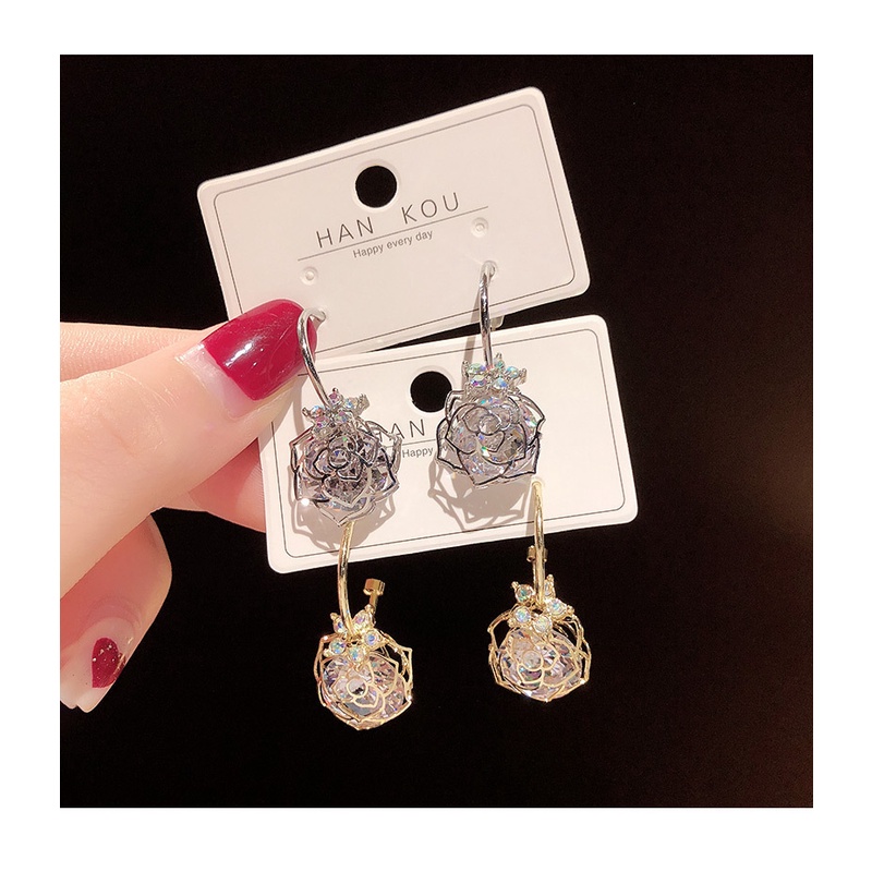 Anting Mawar Zirkon Berongga Influencer Versi Korea High-End Feeling All-Match Trendi Kelas Sederhana