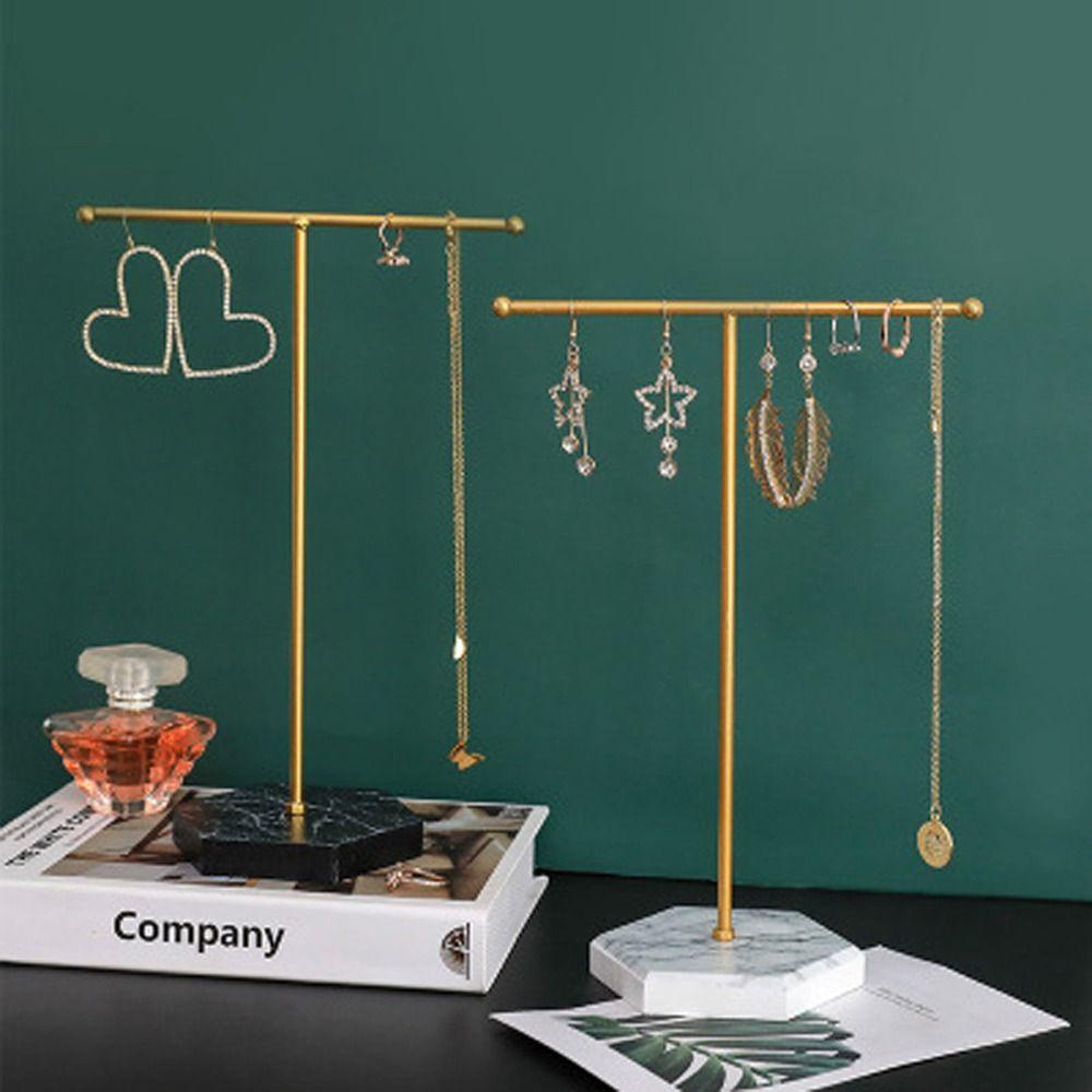 Mxbeauty Display Perhiasan Berdiri Fashion Simple Jewelry Organizer T-shaped Earrings Holder Bracket Besi Imitasi Marmer Bawah Kalung Holder