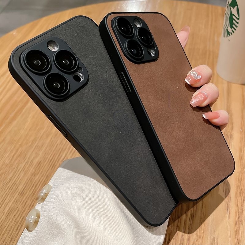 【Lens Glass-film】Lamb Skin Soft Case for IPhone 11 12 13 14 Pro Max Black Brown Men's Man's Fashion LOGO