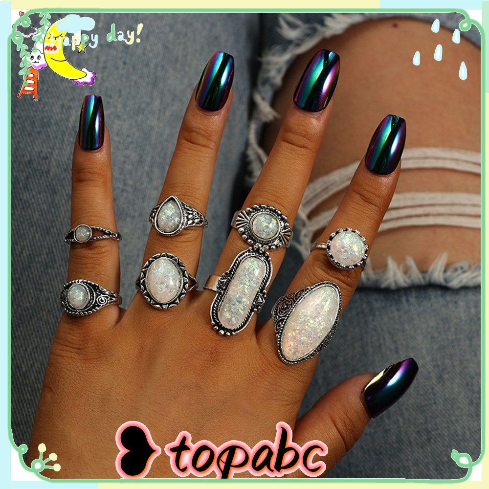 Top 8pcs/set Wanita set Cincin Fashion Baru Batu Opal Ukir Warna Perak Bohemian Perhiasan