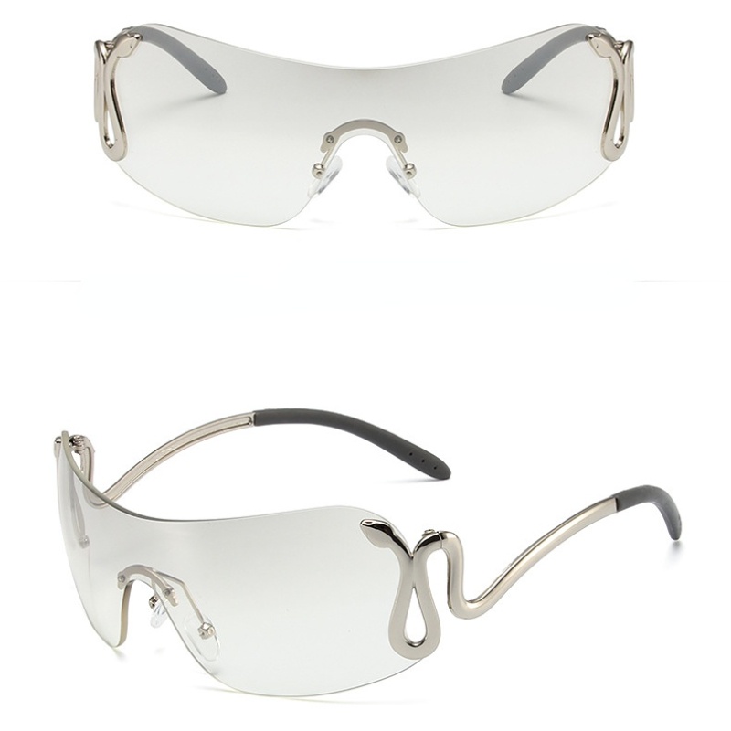 (YUZHU) Mode Barat Cyberpunk Kacamata One-piece Frameless Silver Snake Sunglasses Unisex