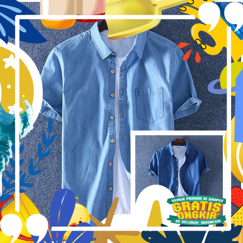 Paling Laris /Kemeja Jeans Amz.Bozz Kemeja Pria Distro Keren Kemeja Jeans Pria Lengan Pendek Kemeja 
