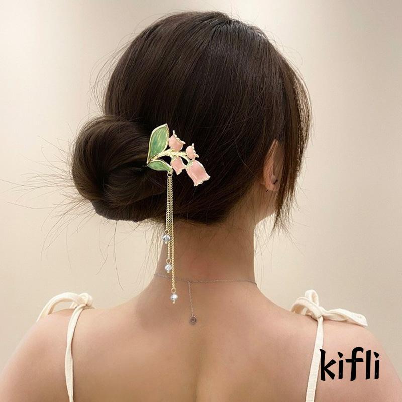 [KD] Wanita Rambut Stik Gadis Elegan  MutiaraLogam China Gaya Rumbai Bell Anggrek Hanfu Jepit Rambut