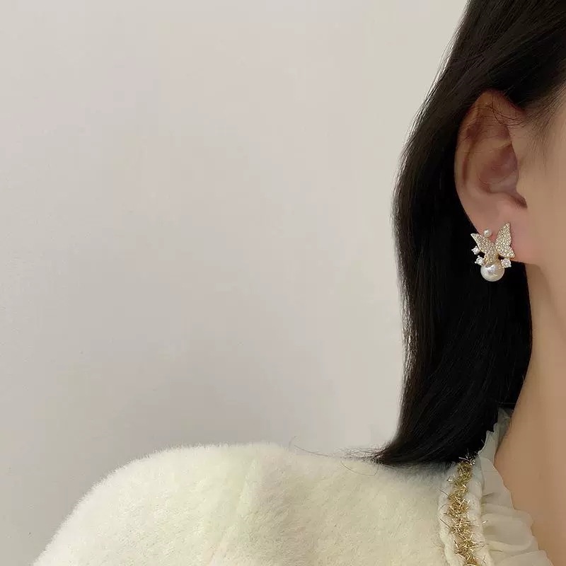 Jepang Japan Korea Selatan Gaya Baru Elegan Kupu-Kupu Berlian Imitasi Mutiara Temperamen Anting Fashion Unik