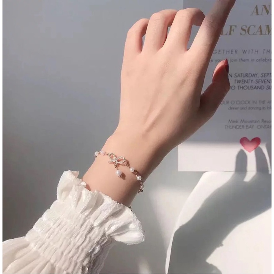 Gelang Tangan Wanita R6830 KUPU Mutiara Berlian Imitasi Korea Fashion Elegan Women Bracelet Jewelry Pita