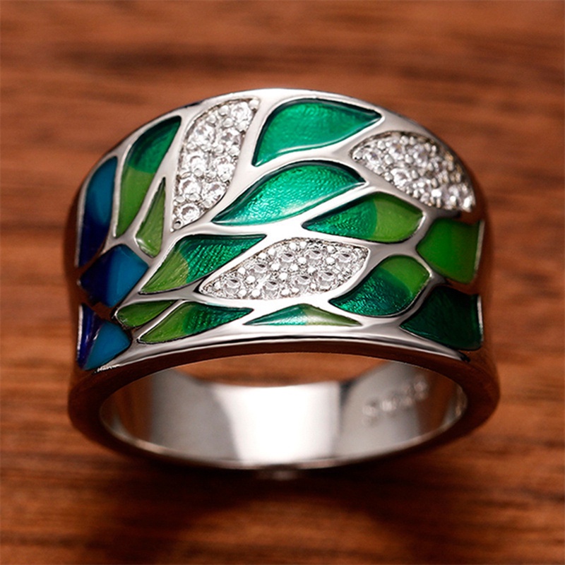 Gaya Bohemia Daun Hijau Enamel Cincin Untuk Wanita Menawan Ladies Rings Pesta Dansa Mewah Ulang Tahun Gadis Hadiah Fashion Perhiasan