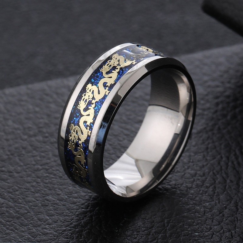 [X C Perhiasan] Cincin Pria Fashion Etnis Cincin Naga Luar Spiral Baja Titanium Berlapis Emas 18k