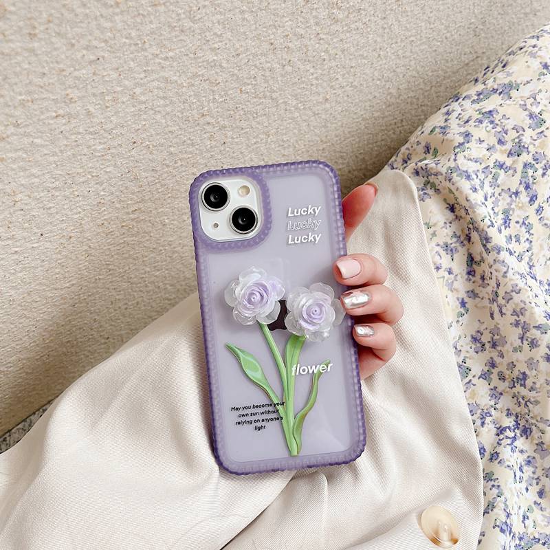 Luminous！3D Purple Rose Biscuit Edge Soft Case Casing Apple HP iP iPhone 12 13 14 Pro Max 11