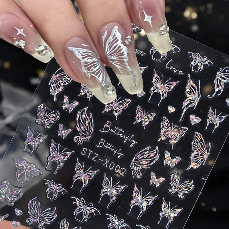 Laser Kupu-Kupu Perak Manicure Sticker/Hologram Reflektif Bintang Bulan Hollow-out Nail Decal