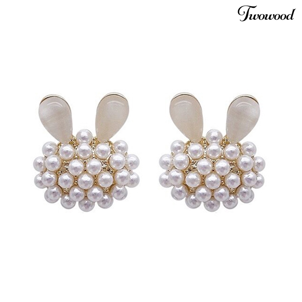 Twowood 1pasang Ear Studs Faux Opal Temperamen Elegan Lucu High Gloss Faux Pearl Rabbit Kelinci Wanita Anting Fashion Perhiasan