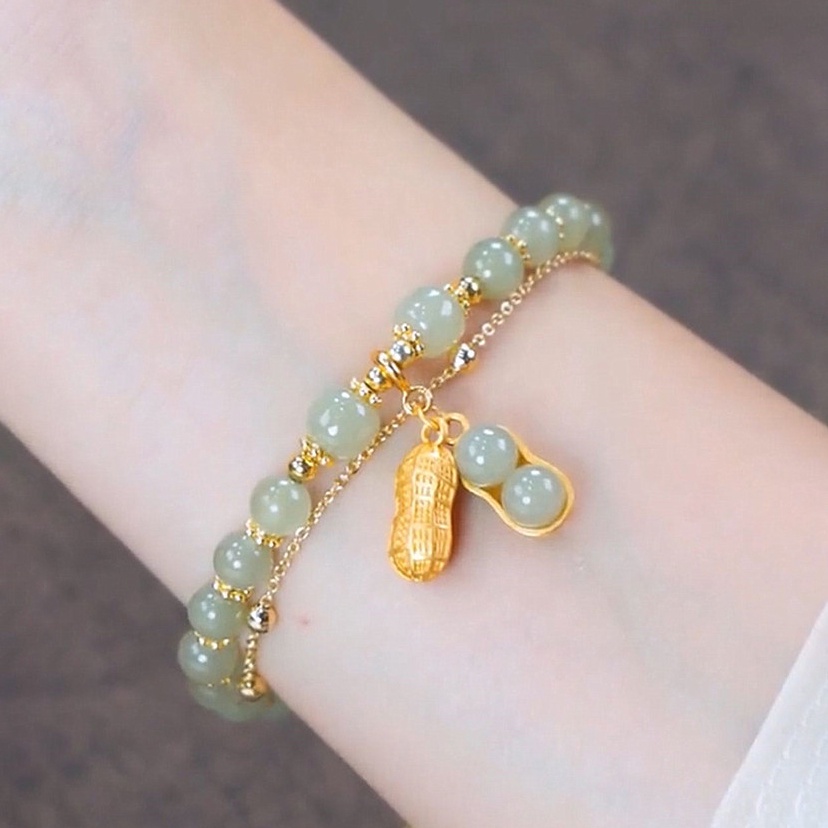 Goodwill Peanut Double-Chain Gelang Ditiru Hetian Jade Beads Warna Emas Peanut Pendant Bracelet Perempuan Elegan Retro Perhiasan Gaya Cina Aksesoris