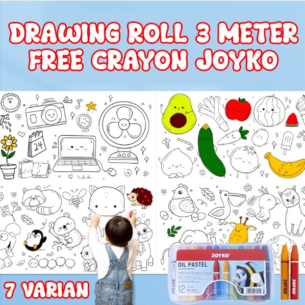 Drawing Roll Mainan Edukasi Menwarnai Gambar Free Crayon 12pcs