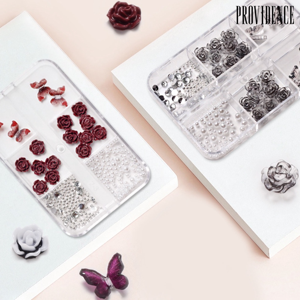 Providence 1kotak Pesona Nail Art Berkilauan Retro Mudah Di Tempel Mempesona Efek Visual DIY Resin 3D Kupu-Kupu Mawar Mutiara Imitasi Hiasan Kuku Perlengkapan Kerajinan