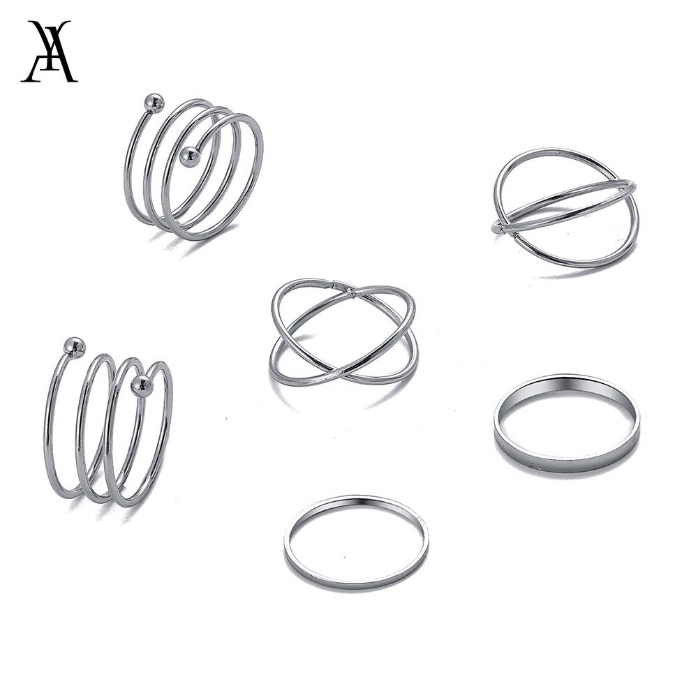 AY(CN) 6pcs / Set Cincin Model Twist Silang Warna Gold / Silver / Hitam Gaya Korea Untuk Wanita