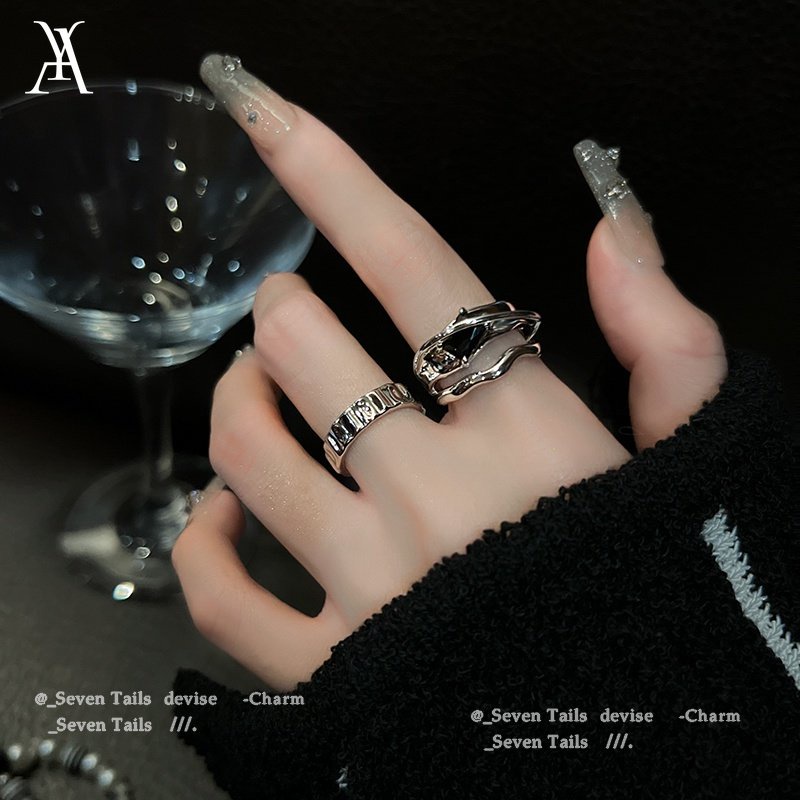 AY(CN) Ay (CN) 2Pcs/Set Pribadi Tidak Teratur Hitam Persegi Permata Cincin Set Tiga Lapis Perak Terbuka Rings Untuk Wanita Perhiasan Aksesoris