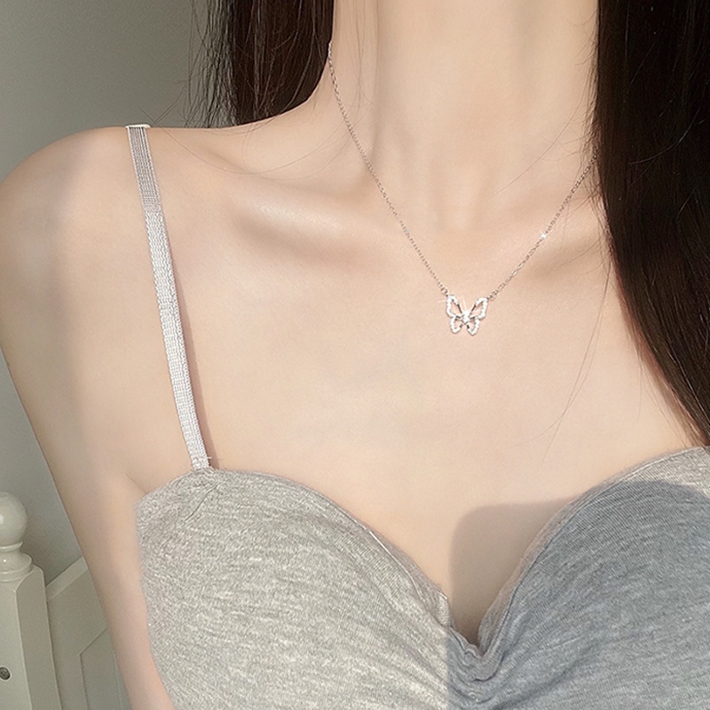 Papaozhu Chic Bersinar Zirkon Kupu-Kupu Liontin Perak Kalung Untuk Wanita Gadis Temperamen Berlian Imitasi Rantai Tulang Selangka Fashion Perhiasan Leher