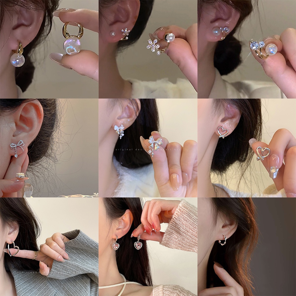 Korea Y2K Perak Hoop Earring Untuk Wanita Hypoallergenic Fashion Zirkon Mutiara Stud Earring Perhiasan Aksesoris