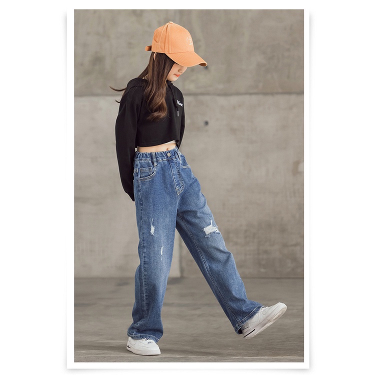 CHUBBI 2 Celana Jeans Panjang Anak Perempuan Wide Leg Straight Cut Ripped